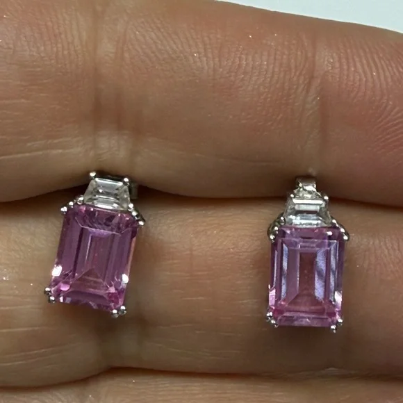 Pink and White Emerald-Cut Topaz Stud Earrings - Picture 5 of 6